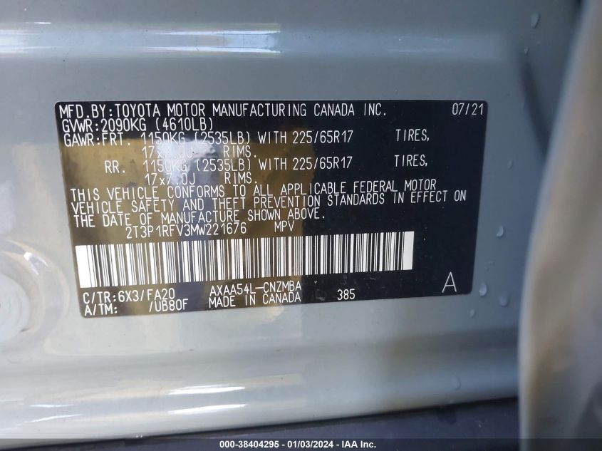 2T3P1RFV3MW221676 2021 Toyota Rav4 Xle