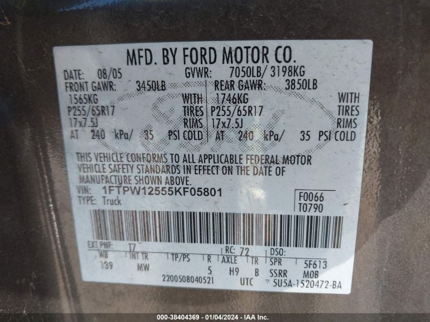 1FTPW12555KF05801 2005 Ford F-150 Lariat/Xlt