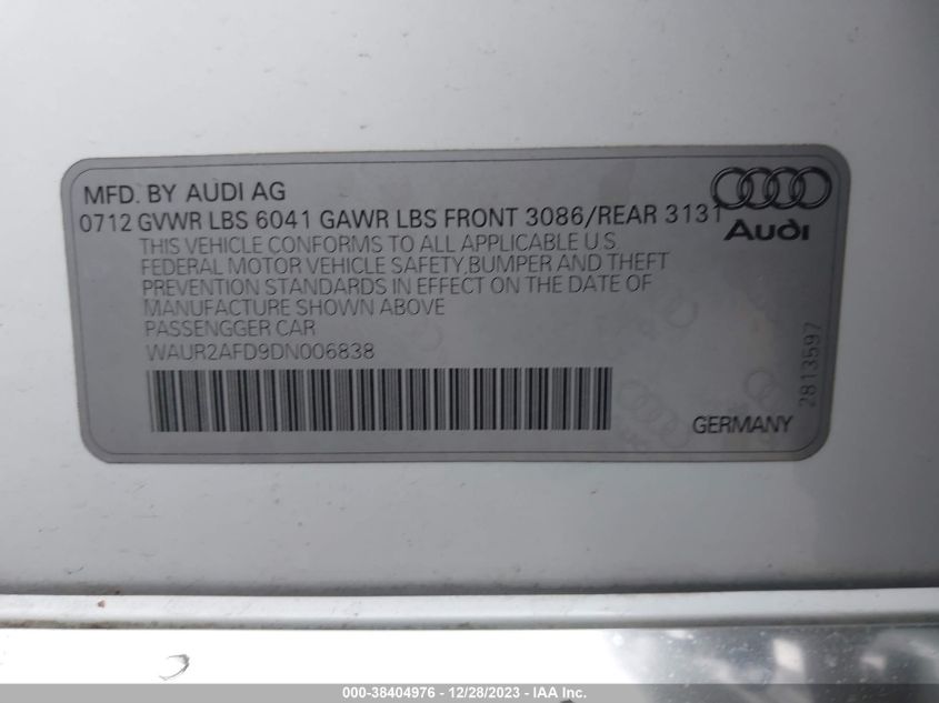 2013 Audi A8 L 4.0T VIN: WAUR2AFD9DN006838 Lot: 38404976