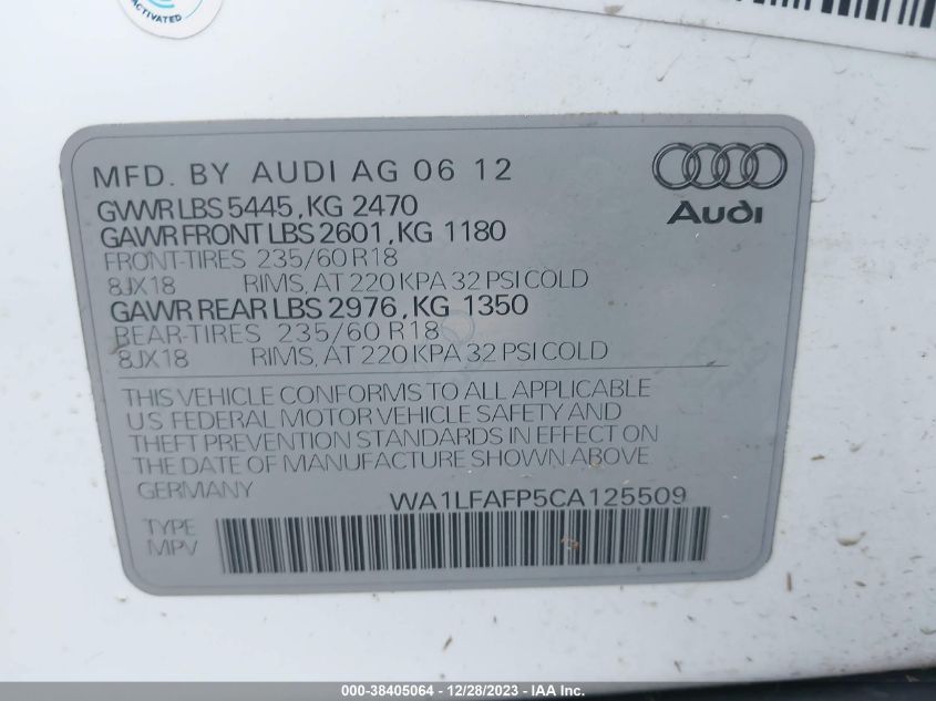 2012 Audi Q5 2.0T Premium VIN: WA1LFAFP5CA125509 Lot: 38405064