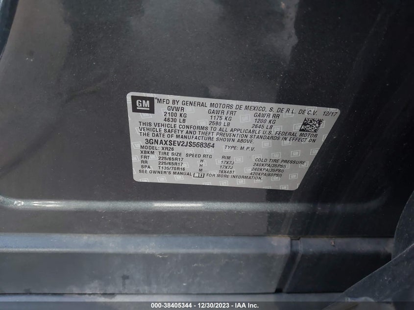2018 Chevrolet Equinox Lt VIN: 3GNAXSEV2JS568364 Lot: 38405344