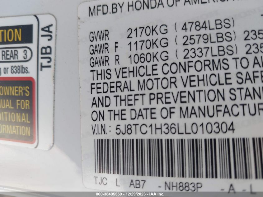 2020 Acura Rdx Standard VIN: 5J8TC1H36LL010304 Lot: 38405559