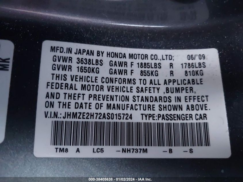 JHMZE2H72AS015724 2010 Honda Insight Ex