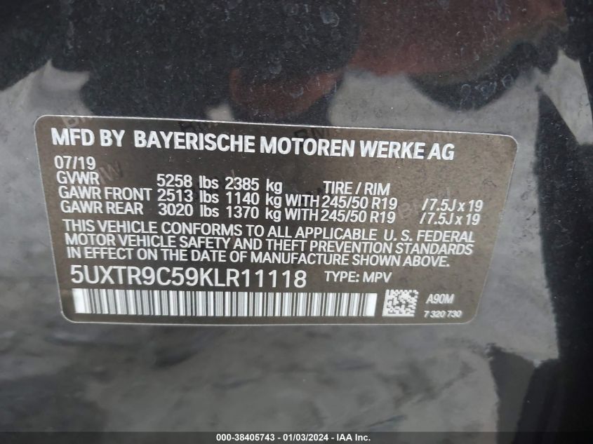 5UXTR9C59KLR11118 2019 BMW X3 xDrive30I