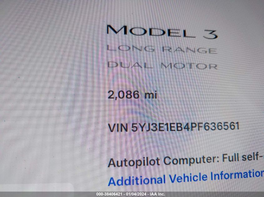 2023 Tesla Model 3 Long Range Dual Motor All-Wheel Drive VIN: 5YJ3E1EB4PF636561 Lot: 38406421