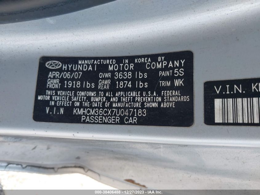 2007 Hyundai Accent Gs VIN: KMHCM36CX7U047183 Lot: 38406488