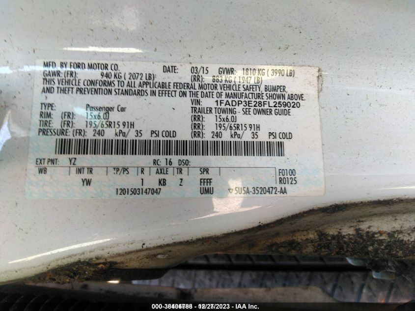 1FADP3E28FL259020 2015 Ford Focus S