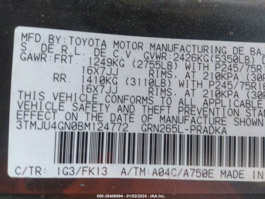 3TMJU4GN0BM124772 2011 Toyota Tacoma Prerunner V6