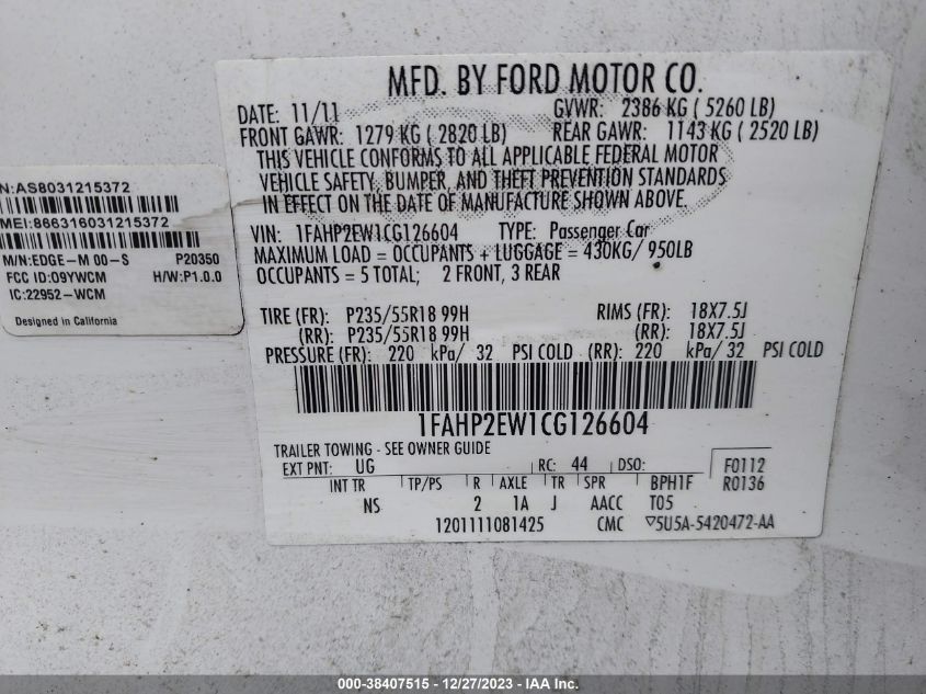 2012 Ford Taurus Sel VIN: 1FAHP2EW1CG126604 Lot: 38407515