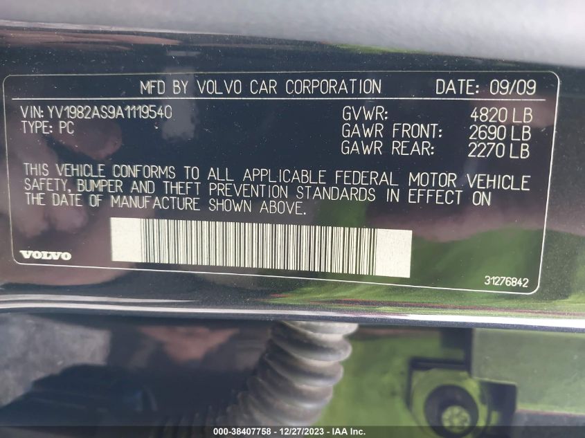 2010 Volvo S80 3.2 VIN: YV1982AS9A1119540 Lot: 38407758