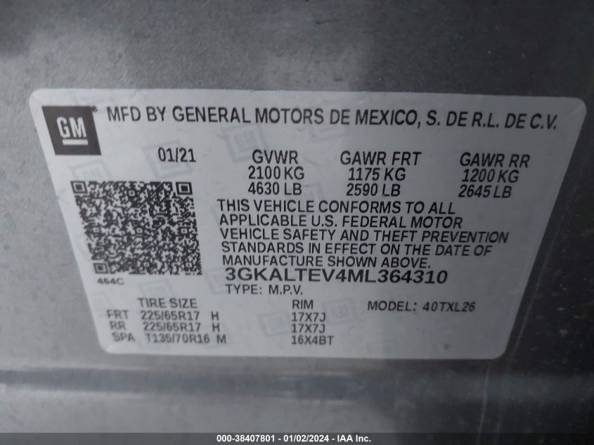 2021 GMC Terrain Awd Sle VIN: 3GKALTEV4ML364310 Lot: 38407801
