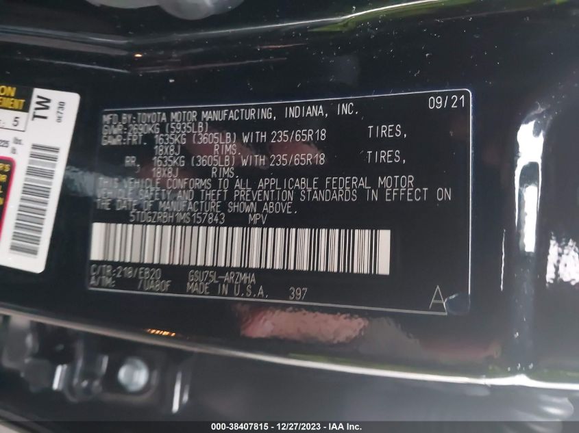 5TDGZRBH1MS157843 2021 Toyota Highlander Xle