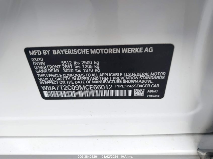 2021 BMW 7 Series 740I VIN: WBA7T2C09MCE66012 Lot: 38408201