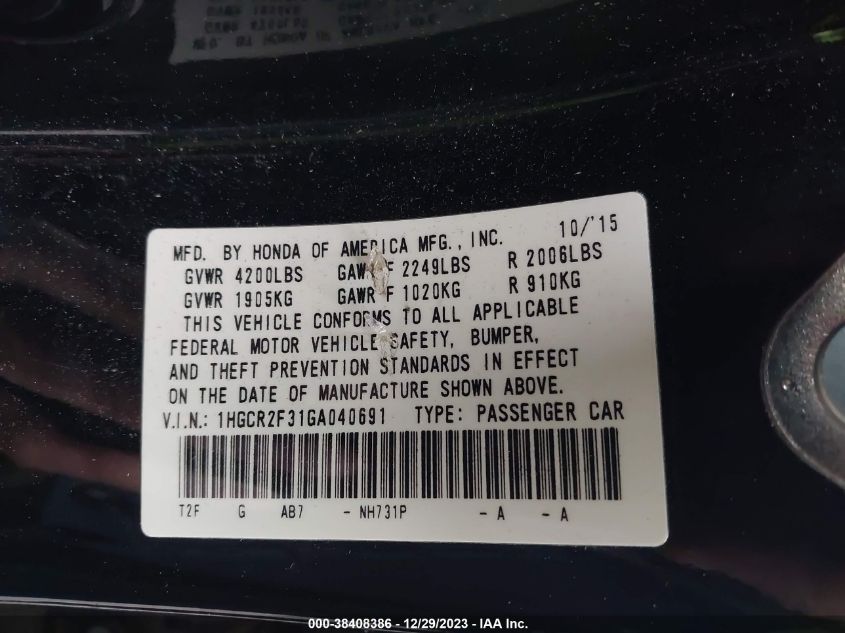 1HGCR2F31GA040691 2016 Honda Accord Lx