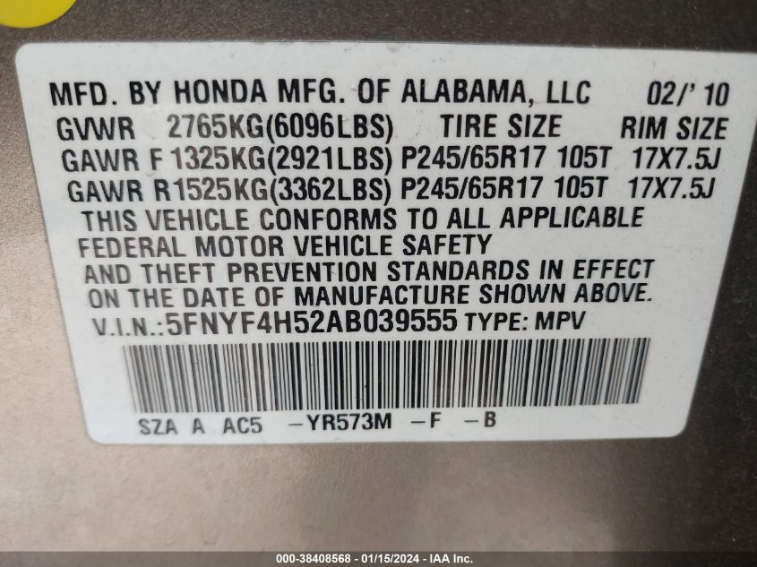 2010 Honda Pilot Ex-L VIN: 5FNYF4H52AB039555 Lot: 38408568