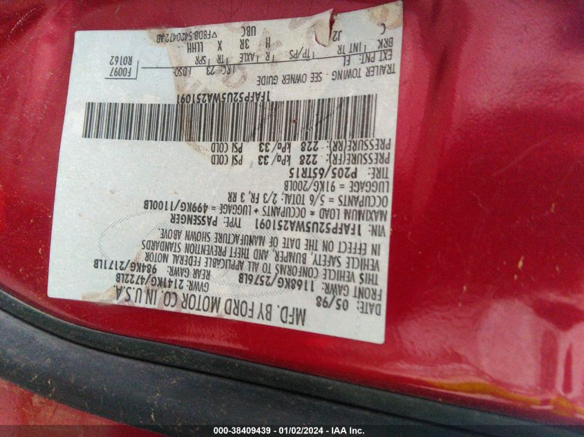 1998 Ford Taurus Lx/Se VIN: 1FAFP52U5WA251091 Lot: 38409439