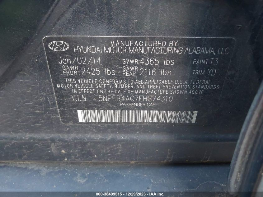 2014 Hyundai Sonata Gls VIN: 5NPEB4AC7EH874310 Lot: 38409515