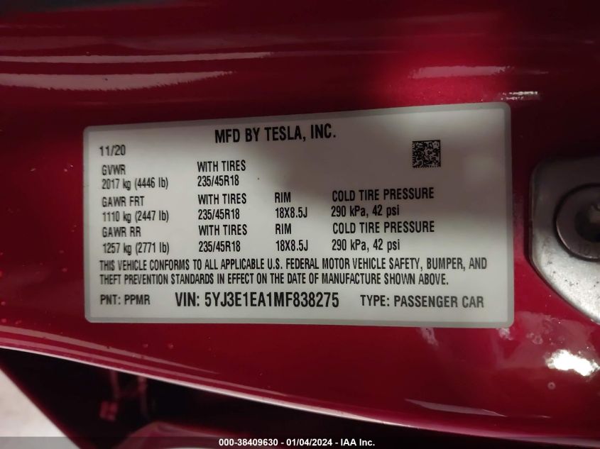 2021 Tesla Model 3 Standard Range Plus Rear-Wheel Drive VIN: 5YJ3E1EA1MF838275 Lot: 38409630