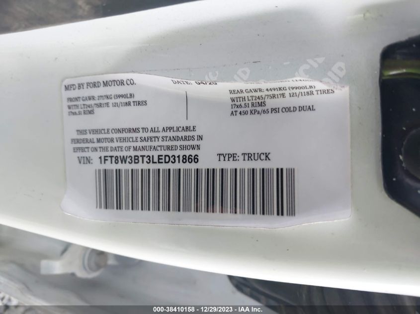 2020 Ford F350 Super Duty VIN: 1FT8W3BT3LED31866 Lot: 38410158