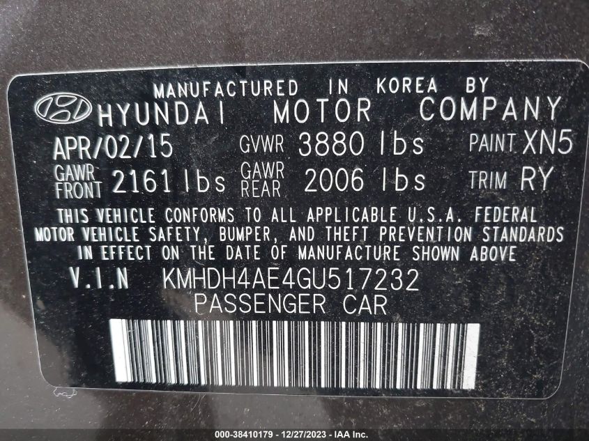 KMHDH4AE4GU517232 2016 Hyundai Elantra Limited/Se/Value Edition