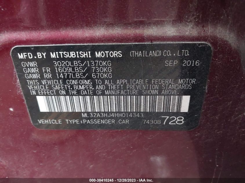 2017 Mitsubishi Mirage Es VIN: ML32A3HJ4HH014343 Lot: 38410245