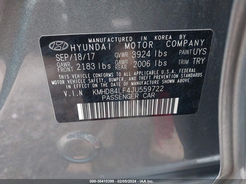 VIN KMHD84LF4JU559722 2018 HYUNDAI ELANTRA SEL/VALUE/LIMITED
