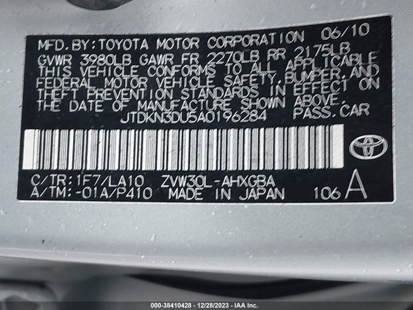 2010 Toyota Prius Iv VIN: JTDKN3DU5A0196284 Lot: 38410428