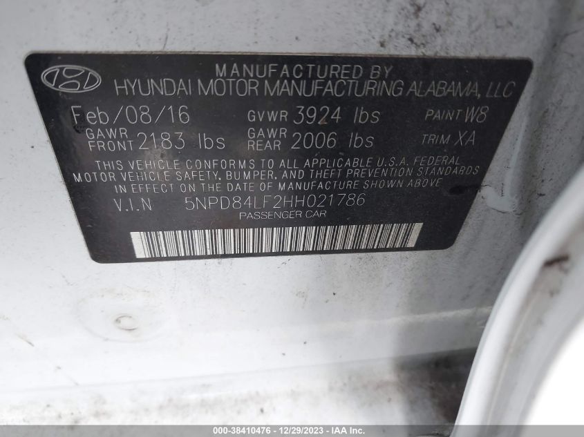 5NPD84LF2HH021786 2017 Hyundai Elantra Se