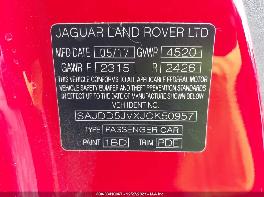 SAJDD5JVXJCK50957 2018 Jaguar F-Type