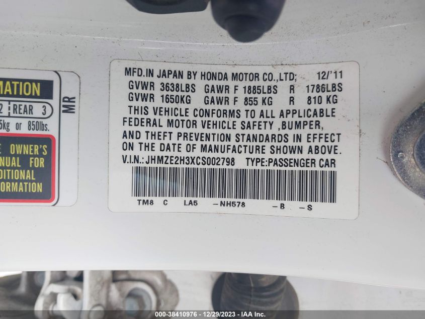 JHMZE2H3XCS002798 2012 Honda Insight