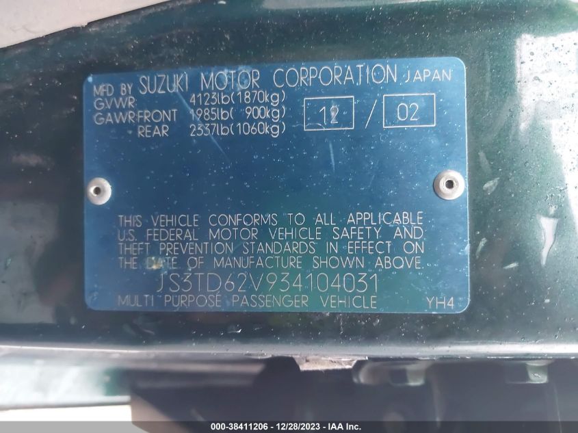 2003 Suzuki Grand Vitara Base (A4)/Base (M5) VIN: JS3TD62V934104031 Lot: 38411206