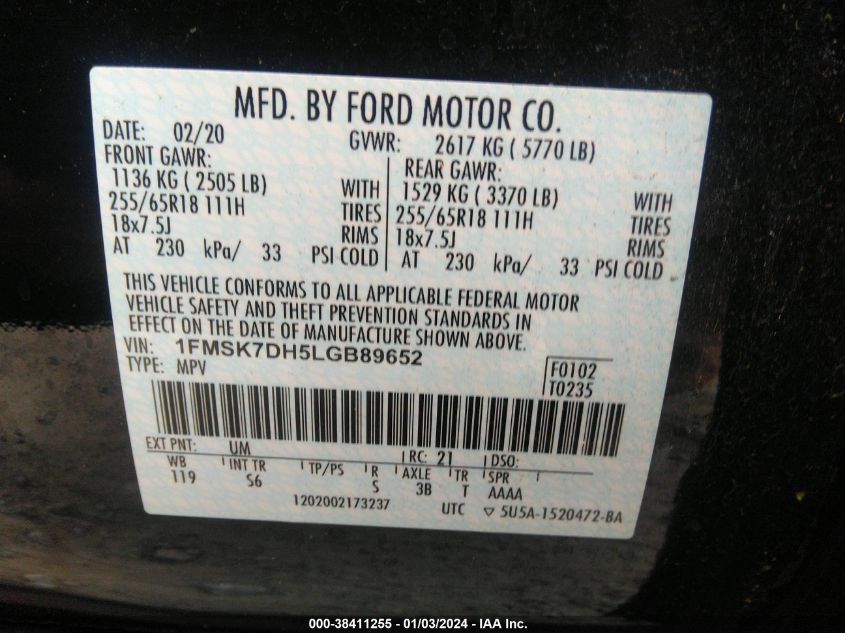 1FMSK7DH5LGB89652 2020 Ford Explorer Xlt