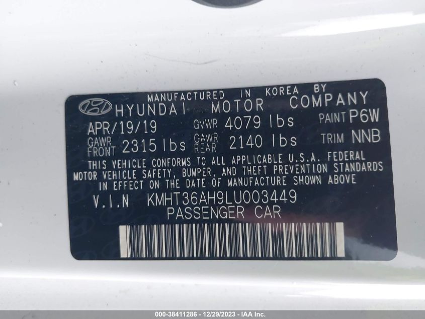 2020 Hyundai Veloster N VIN: KMHT36AH9LU003449 Lot: 38411286