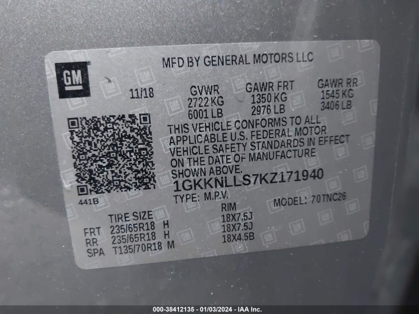 1GKKNLLS7KZ171940 2019 GMC Acadia Sle-2