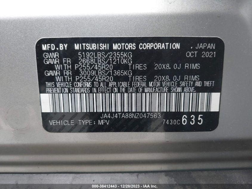 2022 Mitsubishi Outlander Es 2.5 S-Awc VIN: JA4J4TA88NZ047563 Lot: 38412443