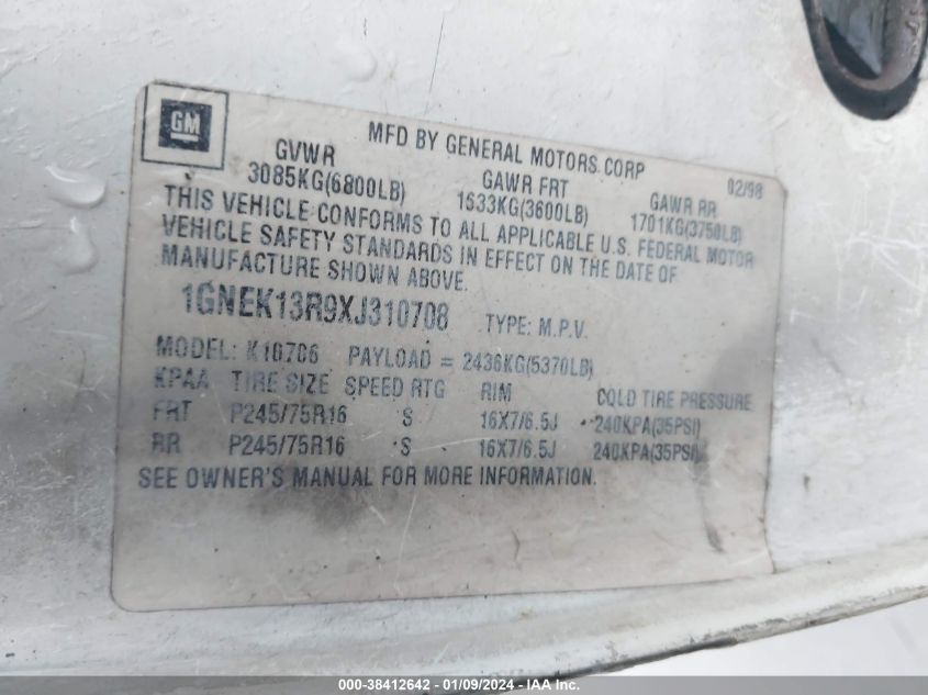 1GNEK13R9XJ310708 1999 Chevrolet Tahoe Ls