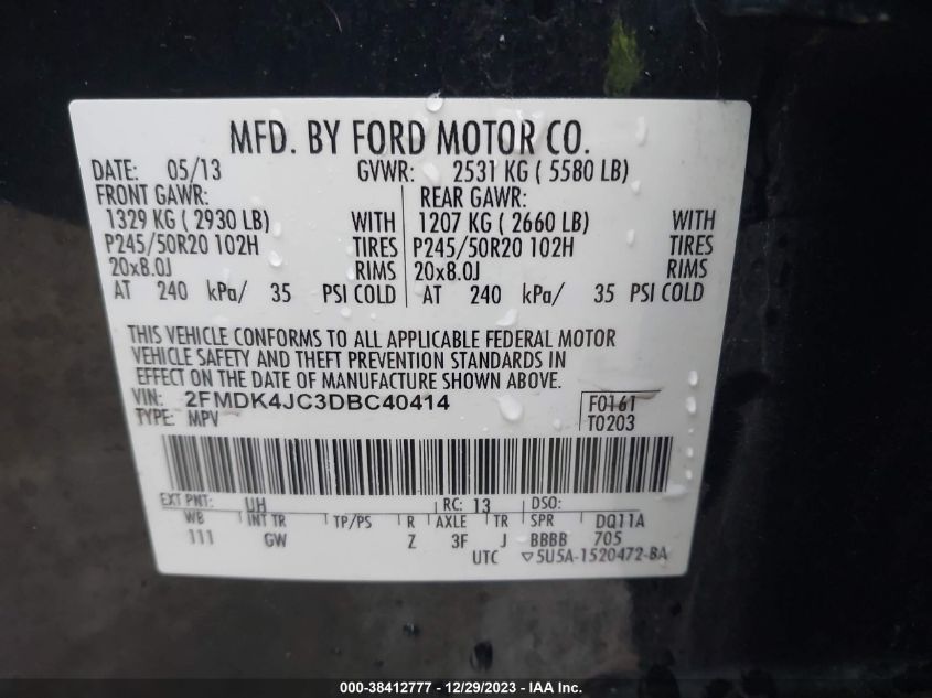 2FMDK4JC3DBC40414 2013 Ford Edge Sel