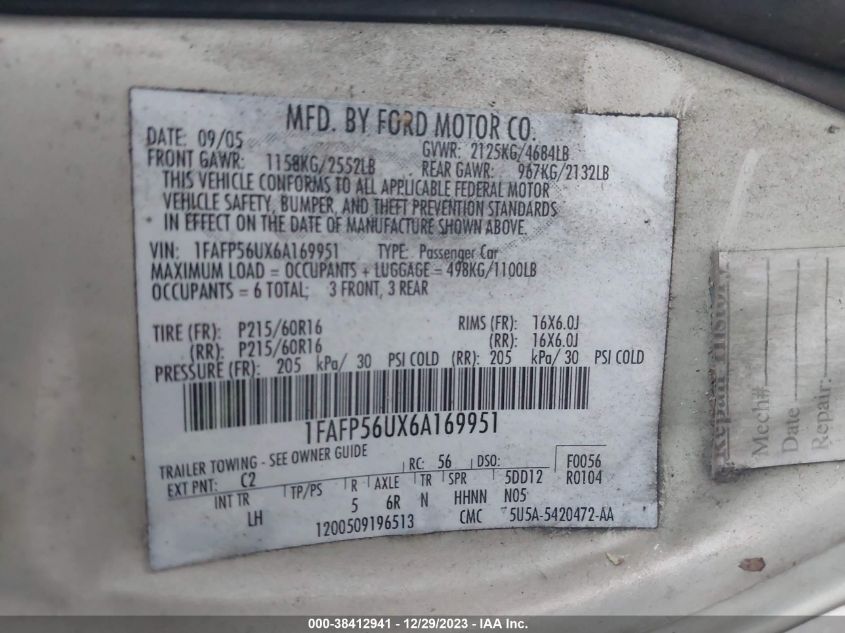 1FAFP56UX6A169951 2006 Ford Taurus Sel