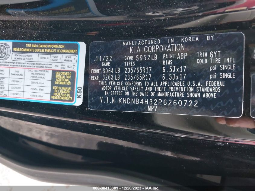 2023 Kia Carnival Mpv Lx Seat Package VIN: KNDNB4H32P6260722 Lot: 38413389