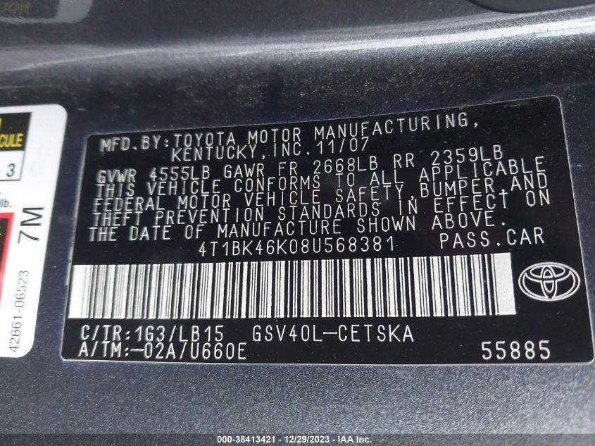 4T1BK46K08U568381 2008 Toyota Camry Se V6