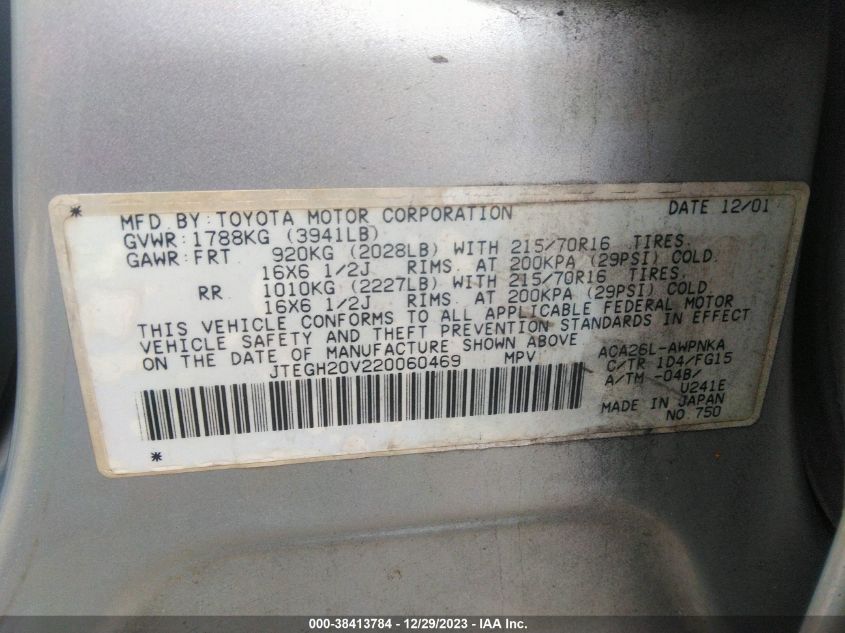 2002 Toyota Rav4 Base (A4) VIN: JTEGH20V220060469 Lot: 38413784