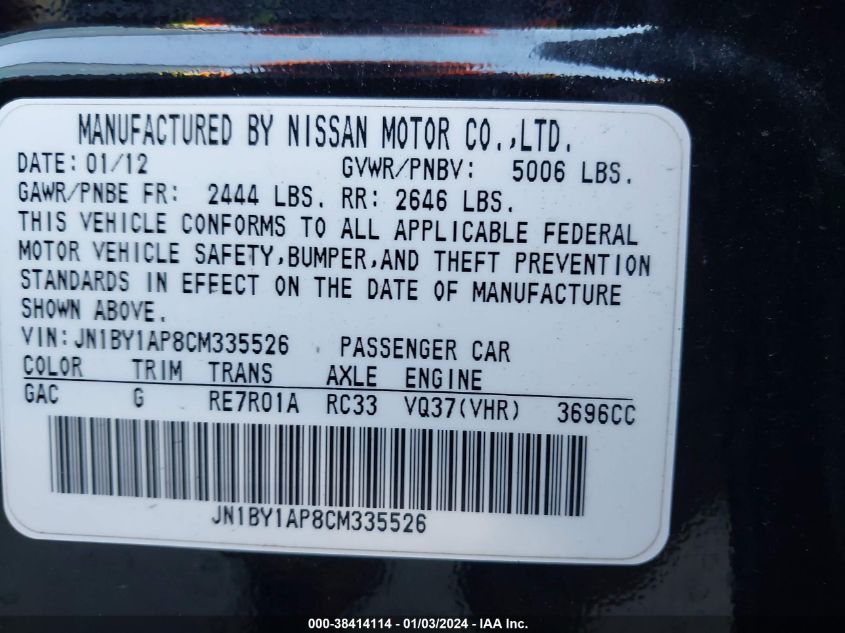 JN1BY1AP8CM335526 2012 Infiniti M37