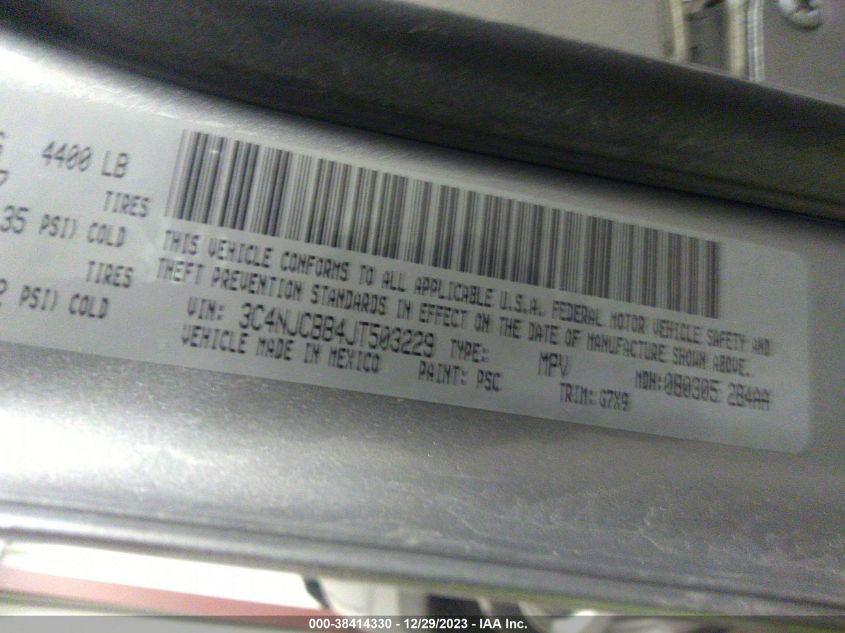 2018 Jeep Compass Latitude Fwd VIN: 3C4NJCBB4JT503229 Lot: 38414330