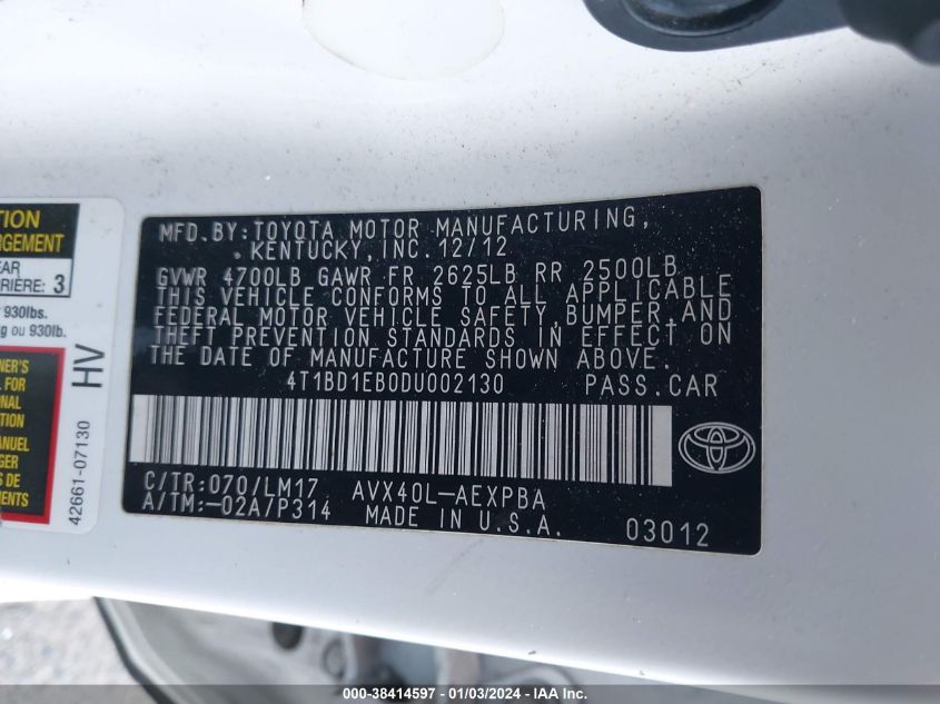 4T1BD1EB0DU002130 2013 Toyota Avalon Hybrid Limited