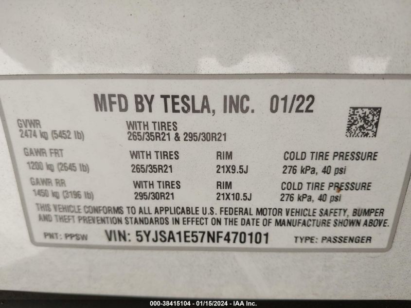 2022 Tesla Model S Dual Motor All-Wheel Drive VIN: 5YJSA1E57NF470101 Lot: 38415104