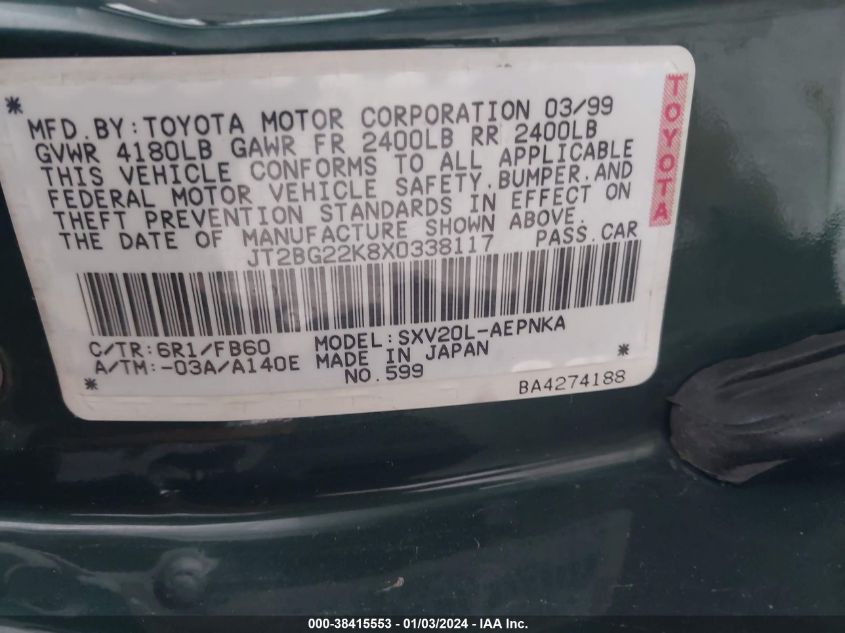 JT2BG22K8X0338117 1999 Toyota Camry Le