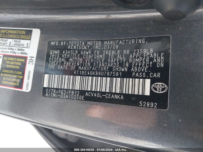 4T1BE46K88U787581 2008 Toyota Camry Le