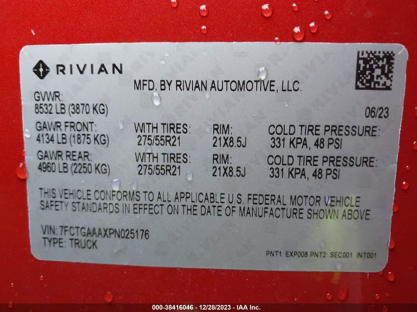 2023 Rivian R1T Adventure VIN: 7FCTGAAAXPN025176 Lot: 38416046