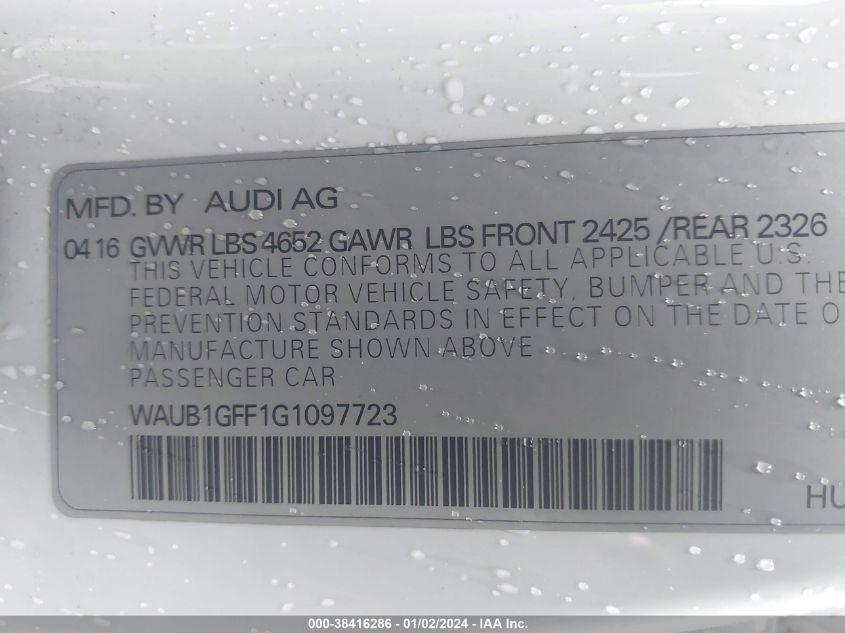 WAUB1GFF1G1097723 2016 Audi S3 2.0T Premium Plus