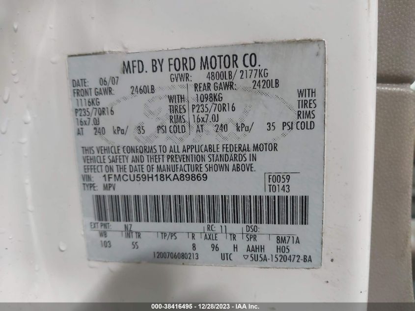 2008 Ford Escape Hybrid VIN: 1FMCU59H18KA89869 Lot: 38416495